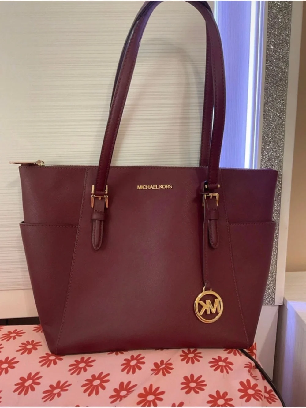 Michael Kors Wine Saffiano Leather Tote with Gold Logo Charm